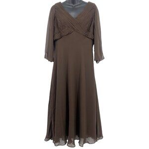 Coldwater Creek Women Dress 16 Brown Midi Shift Occasion Chiffon 3/4 Sleeve New